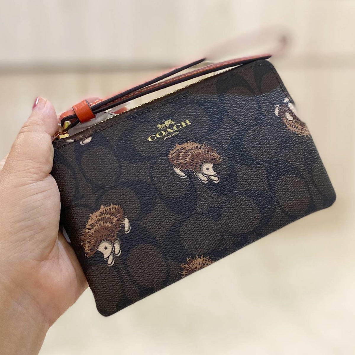 Coach Corner Zip Wristlet In Signature Canvas Hedgehog Print NWT CC433