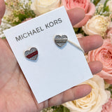 MICHAEL KORS SILVER TONE HEART PAVE CRYSTAL HALO LOGO STUD EARRINGS MKJ0287710K SILVER