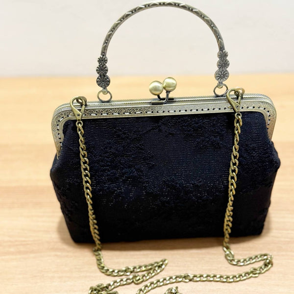 REUSSITE JAPAN WOMEN'S KISSLOCK HANDBAG FOR PARTY / WEDDINGS, 2-WAY SHOULDER CROSSBODY BLACK