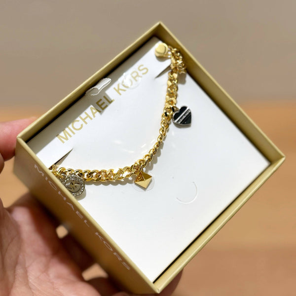 MICHAEL KORS BRASS GOLDEN NECKLACE 4 CHARMS MKJ0161931B BOX