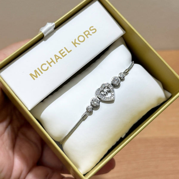 MICHAEL KORS BOXED MKJX7174710 HEART & CRYSTAL SLIDER BRACELET BANGLE SILVER