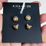 COACH BEAR AND PEARL STUD EARRINGS SET C7792 GOLDEN TONE