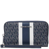 MICHAEL KORS JET SET LARGE METALLIC SIGNATURE LOGO STRIPE HP WALLET WRISTLETNAVY BLUE 35F5STVE3K