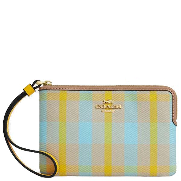 COACH CORNER ZIP WRISTLET WITH PLAID PRINT BRIGHT MAIZE MULTI CBP18