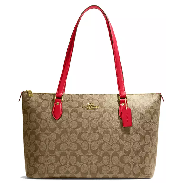 COACH GALLERY TOTE IN SIGNATURE CANVAS KHAKI ELECTRIC RED CH504 ...