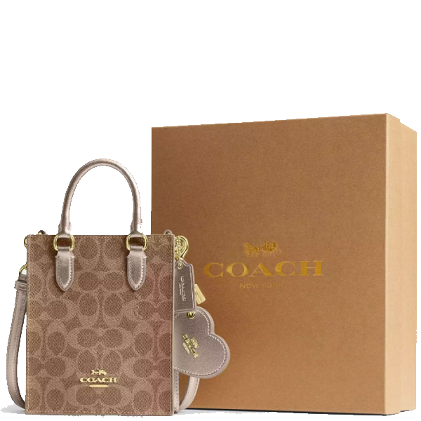 COACH BOXED MINI TOTE BAG AND MIRROR BAG CHARM SET IN SIGNATURE CANVAS CX188 GOLD/TAN/LIGHT CHAMPAGNE