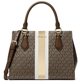 MICHAEL KORS MARILYN MEDIUM SIGNATURE LOGO STRIPE SATCHEL – BROWN 35F5G6AS6V