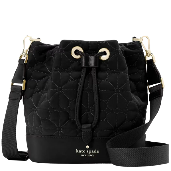 KATE SPADE FLOWER QUILTED FABRIC BUCKET BAG IN BLACK KK076