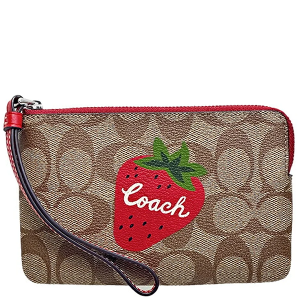 COACH CORNER ZIP WRISTLET IN SIGNATURE CANVAS WITH WILD STRAWBERRY SV/KHAKI/ELECTRIC RED CH530SVRVB