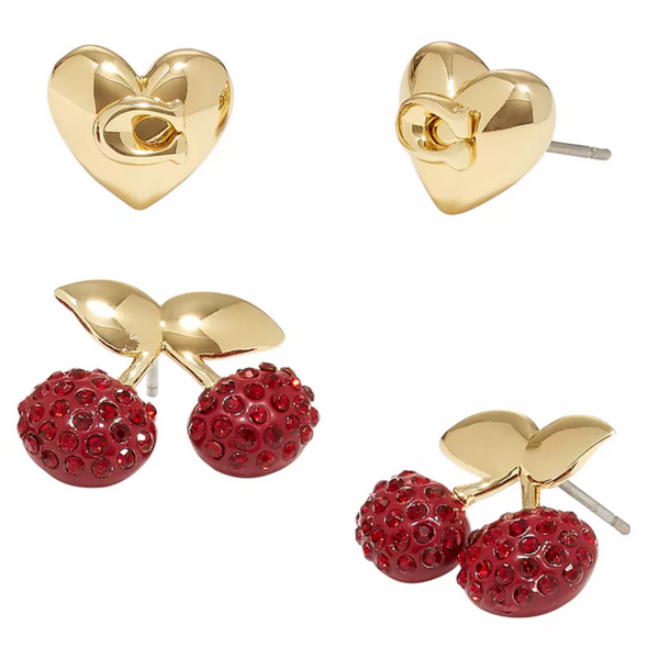BOXED 418149GLD601 COACH PAVE RED CHERRY AND GOLD HEART STUD EARRINGS SET OF 2 PAIRS