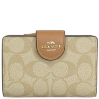 COACH MEDIUM CORNER ZIP WALLET IN SIGNATURE CANVAS IN LT KHAKI / LT SADDLE (CW786) C0082