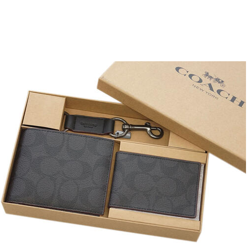 COACH BOXED 3 IN 1 WALLET GIFT SET IN SIGNATURE CANVAS BLACK/BLACK/OXBLOOD 41346