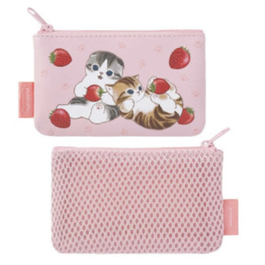 JAPAN MOFUSAND MINI FLAT POUCH SET - CAT / TRAVEL MEMORY & STRAWBERRY PINK