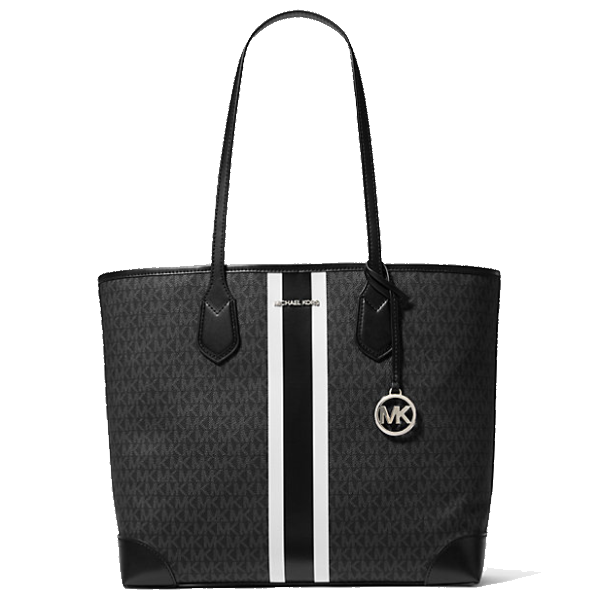 MICHAEL KORS EVA LARGE SIGNATURE LOGO STRIPE TOTE BAG BLACK 35R5SV0T7V