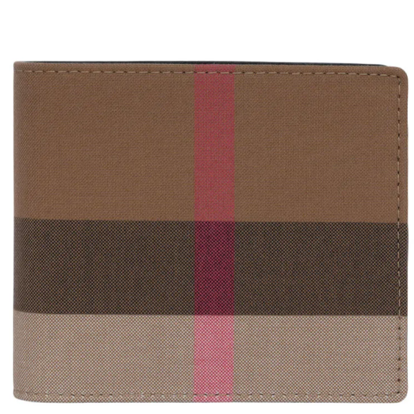 BURBERRY LARGE CHECK CANVAS BIFOLD COIN PURSE SHORT CLIP 80845651 TAUPE BROWN