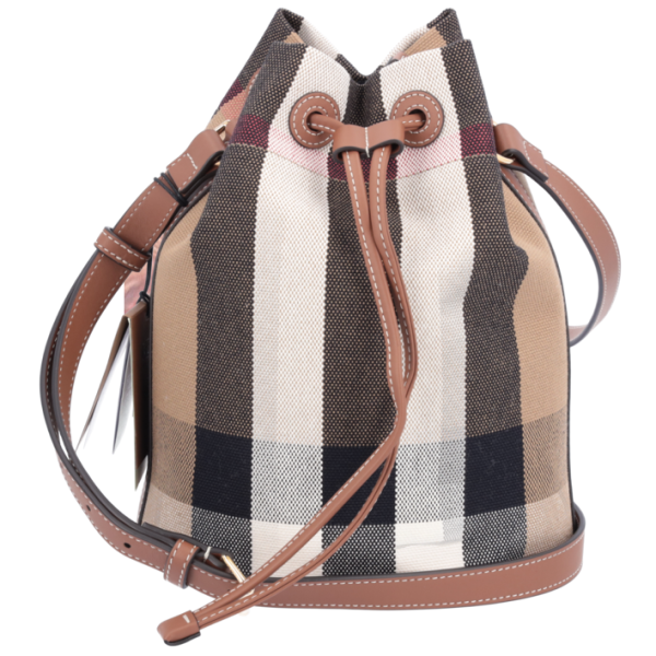 BURBERRY SMALL BUCKET BAG TEXTILE BEIGE BROWN LEATHER 80840451 cadysdeluxe