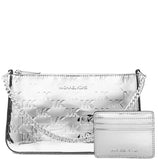 MICHAEL KORS JET SET PATENT LOGO DEBOSSED POCHETTE CROSSBODY BAG AND CARD CASE GIFT SET SILVER 35F5SGZD6O