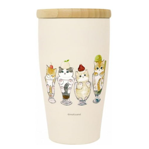 MOFUSAND JAPAN STAINLESS STEEL TUMBLER / MUG WITH COVER 350ML CAT PARFAIT, BEIGE BOX