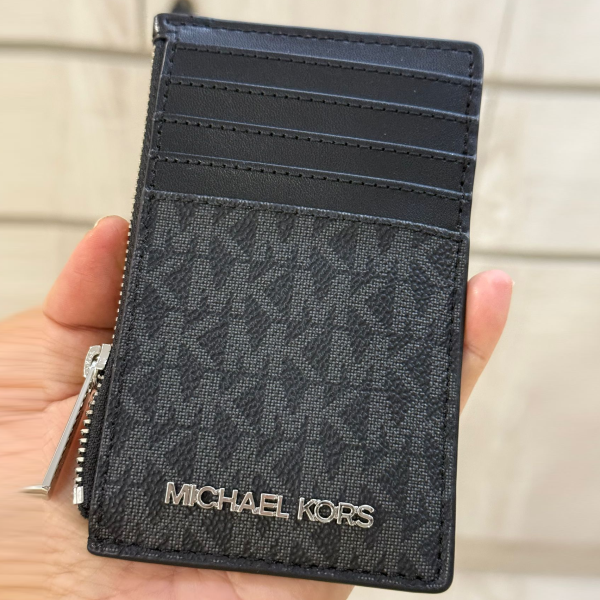 MICHAEL KORS SIGNATURE TOP ZIP CARD CASE COIN POUCH CARD HOLDER WALLET BLACK SIGNATURE 35F2STVD2B