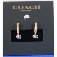 Coach Two Tone PAVE' BAR SIGNATURE C Faux Pearl Drop Earrings CL142