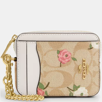 COACH ZIP CARD CASE IN SIGNATURE CANVAS WITH FLOWER FLORAL PRINT CR971