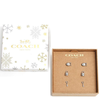 COACH BOXED SIGNATURE LOCK KEY EARRINGS SET SILVER OF THREE (3) CO293