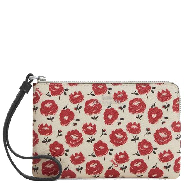 COACH CORNER ZIP WRISTLET WITH FLORAL PRINT SILVER CHALK BLACK MULTI CBP21