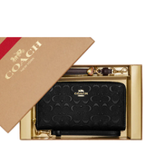 COACH BOXED LONG ZIP AROUND WALLET IN SIGNATURE LEATHER IN BLACK CF464
