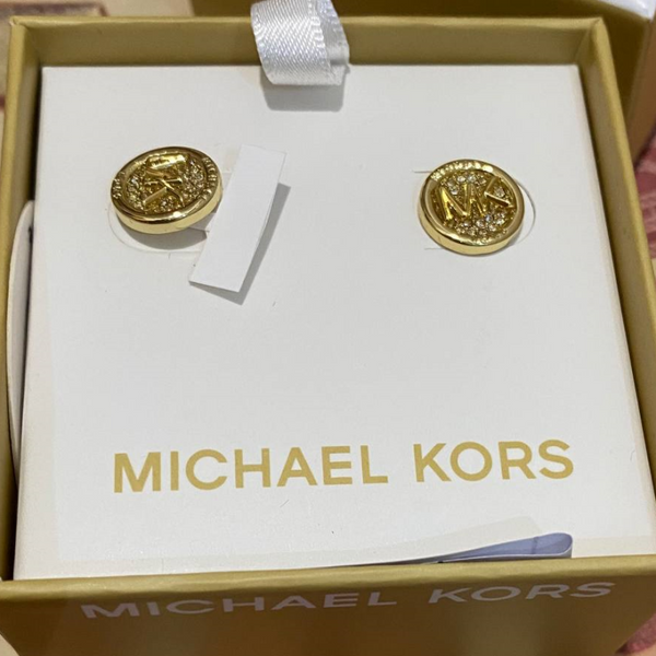 BOXED MICHAEL KORS MKJX8012710 GOLD LOGO PLATE WITH CRYSTALS PAVE EARRINGS, STAINLESS STEEL, CUBIC ZIRCONIA
