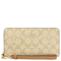 COACH LONG ZIP AROUND WALLET IN SIGNATURE CANVAS C4452 LIGHT KHAKI LIGHT SADDLE