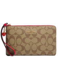 COACH LARGE CORNER ZIP WRISTLET IN SIGNATURE CANVAS WITH STRAWBERRY IM/KHAKI/ELECTRIC RED CH596