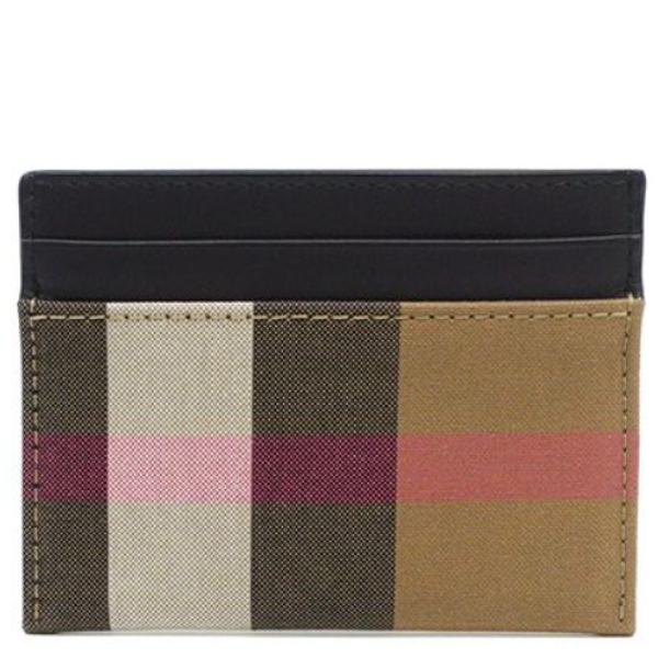 BURBERRY SANDON CHECK CANVAS LEATHER CARD HOLDER TAUPE BROWN 80846451