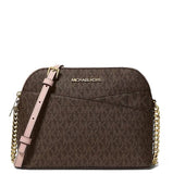 MICHAEL KORS JET SET TRAVEL MEDIUM DOME CROSSBODY 35F1GTVC6B SIGNATURE BROWN PINK STRAP