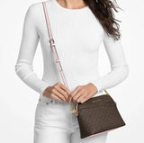 MICHAEL KORS JET SET TRAVEL MEDIUM DOME CROSSBODY 35F1GTVC6B SIGNATURE BROWN PINK STRAP
