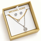 MICHAEL KORS MKJ8440SET DOUBLE LAYERED NECKLACE & STUD EARRING GIFT SET BOX SILVER ER