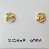 MICHAEL KORS BOXED MKJX8012710 GOLD LOGO PLATE WITH CRYSTALS PAVE EARRINGS, STAINLESS STEEL, CUBIC ZIRCONIA