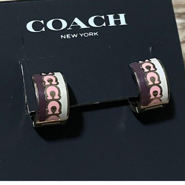 COACH SIGNATURE C LOGO ENAMEL TRITONE HUGGIE HOOP EARRINGS PINK, WHITE, PURPLE