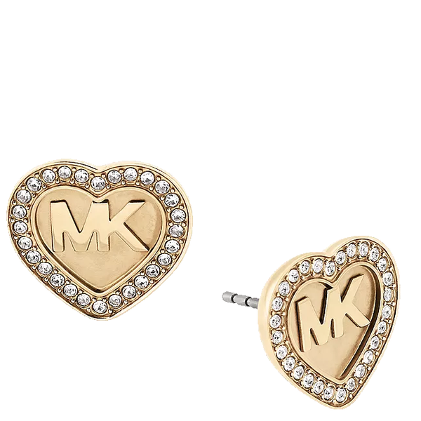 MICHAEL KORS BOXED GOLD TONE MK HEART PAVE CRYSTAL HALO STUDS EARRINGS cadysdeluxe