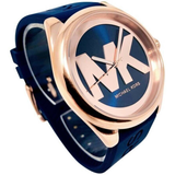 MICHAEL KORS BOXED RUNWAY JANELLE ROSE GOLD TONE THREE-HAND BLUE SILICONE WATCH 42MM MK7140