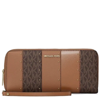 MICHAEL KORS OUTLET JET SET LARGE STUDDED PATCHWORK AND SIGNATURE LOGO CONTINENTAL WALLET 35T5STVE7B BROWN MULTI