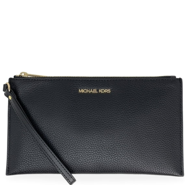 MICHAEL KORS WOMEN'S JET SET TRAVEL LARGE TOP ZIP PEBBLED LEATHER WRISTLET POUCH 35S4GTVW3L (BLACK)