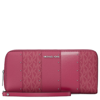 MICHAEL KORS OUTLET JET SET LARGE STUDDED PATCHWORK AND SIGNATURE LOGO CONTINENTAL WALLET 35T5STVE7B DARK RASPBERRY MULTI