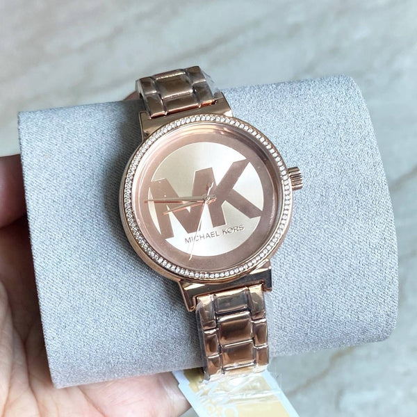 MICHAEL KORS BOXED SOFIE THREE-HAND ROSE GOLD-TONE STAINLESS STEEL WATCH MKO1052 36MM