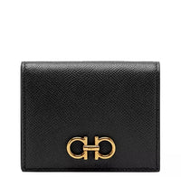 FERRAGAMO GANCINI COMPACT WALLET BLACK  CALF LEATHER SMALL BIFOLD 726512