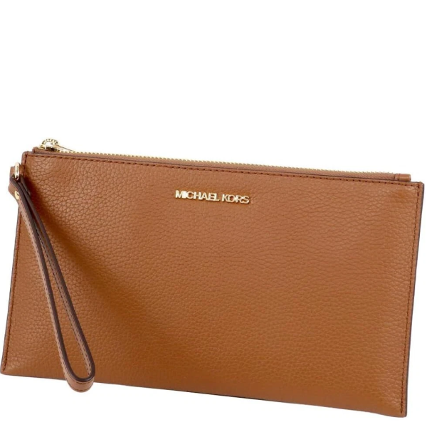 MICHAEL KORS WOMEN'S JET SET TRAVEL LARGE TOP ZIP PEBBLED LEATHER WRISTLET POUCH 35S4GTVW3L (LUGGAGE)