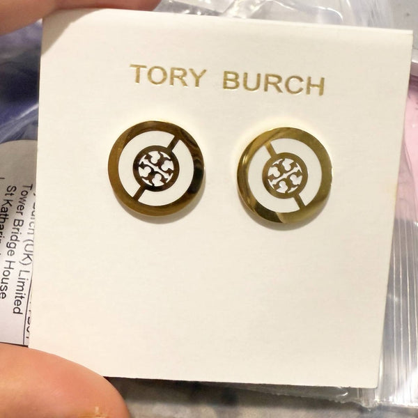 TORY BURCH MILLER STUD EARRINGS 88333  ENAMEL CIRCLE GOLDEN WHITE