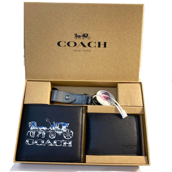 COACH COMPACT ID WALLET IN SPORT CALF LEATHER IMBLK BLACK BOXED HORSE DESIGN