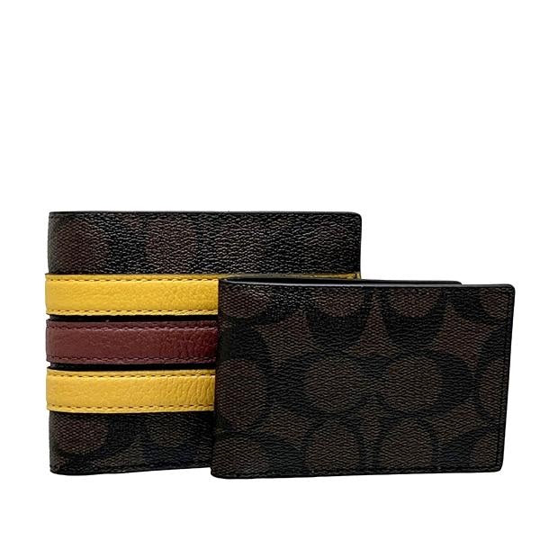 COACH 3-IN-1 WALLET IN SIGNATURE CANVAS WITH VARSITY STRIPE 3008 YELLOW BROWN