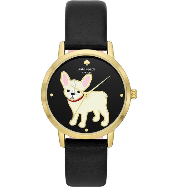 KATE SPADE NEW YORK WOMEN'S METRO 3-HAND PUPPY DOG FRENCH DOG PUG BLACK LEATHER BAND WATCH KSW9069