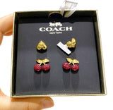 COACH  BOXED 418149GLD601 PAVE RED CHERRY AND GOLD HEART STUD EARRINGS SET OF 2 PAIRS